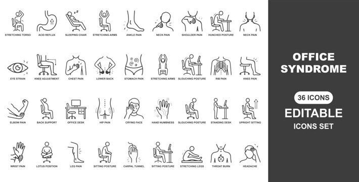 Office syndrome thin line icon . Editable stroke . Vector