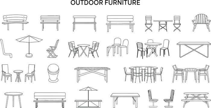 Outdoor furniture vector blueprint set including benches chairs picnic tables and parasol.