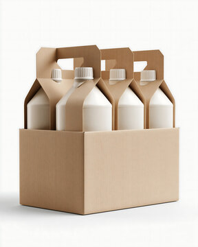 A brown cardboard carrier pack containing four white plastic bottles with caps, arranged in a sturdy box with a handle for easy transport