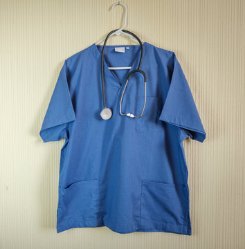 Blue Medical Scrub Top With Stethoscope