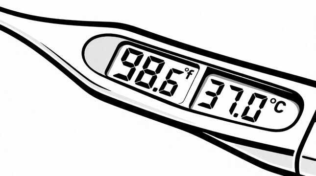 Digital thermometer shows normal body temperature reading 98. 6 degrees fahrenheit, 37. 0 degrees celsius. Minimalist monochrome medical device icon isolated on white background. Electronic tool