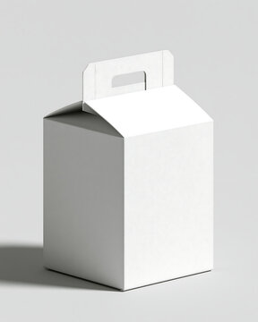 A white paper gable box with a handle, standing upright on a neutral gray background, showing a clean surface for branding or product packaging