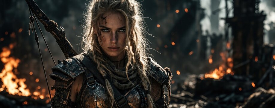 Fierce blonde female warrior stands in ruined city. Strong girl archer wears metal armor, holds large bow. Post apocalyptic survivor fights in battle amidst fire, smoke. Brave combatant looks at