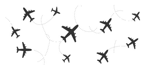 Collection of airplanes flying on dotted routes across the sky for travel and transport themes. © Rayhan