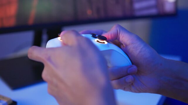Adult man reacting with game controller during intense gameplay at glowing PC desk, side view with colorful RGB light reflections and focused expression