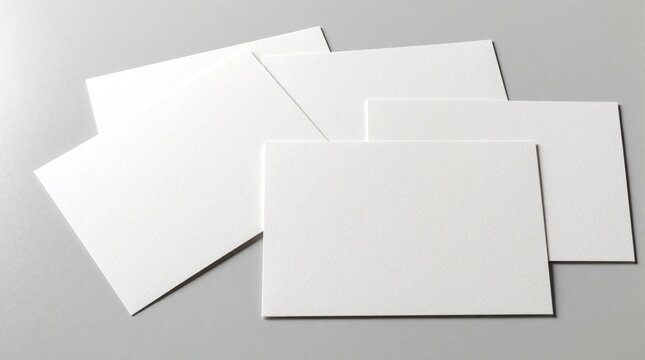Three white blank postcards lie spread on light grey desktop. Minimalist stationery set with empty paper cards for design. Clean mockup template for messages, greetings branding on simple neutral