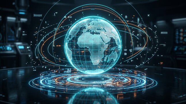 Holographic digital earth globe floating in a high tech research laboratory with futuristic technology data network cyber security data visualization information system science technology