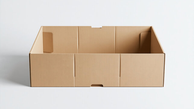 Empty open cardboard box with brown paper texture, rectangular shape, isolated on a plain white background, view of shipping container