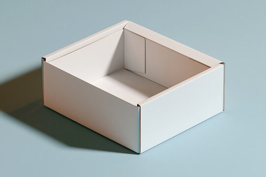 Empty square white cardboard box with open and low sides, minimalist paper packaging container for retail products on light blue surface