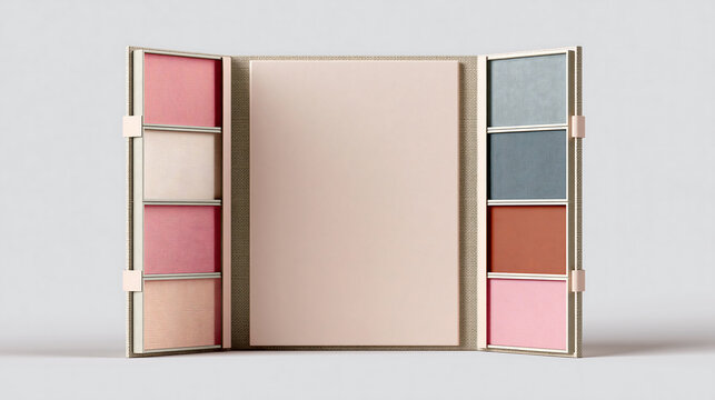 Open beige folder with colorful paper inserts in pink, cream, blue, and brown, stationery mockup on a solid light gray background surface