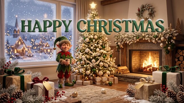 A festive christmas scene featuring a cute elf standing by a decorated tree with a warm fireplace and presents in a cozy room