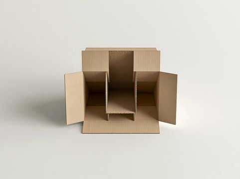 Open brown corrugated cardboard box with internal structural dividers, empty shipping container mockup for fragile goods on white background