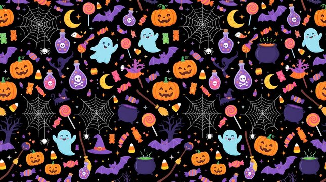 Halloween seamless pattern with cute pumpkins ghosts and candy on a black background