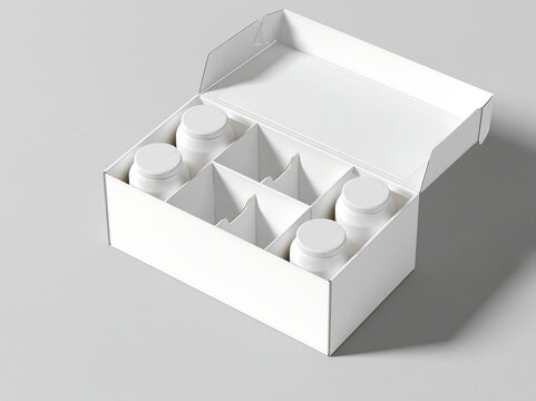 Open rectangular white cardboard box containing four round white plastic bottles with caps inside individual dividers on a light gray studio