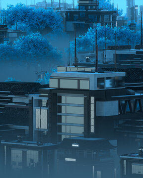 Futuristic City Building Overgrown with Blue Trees