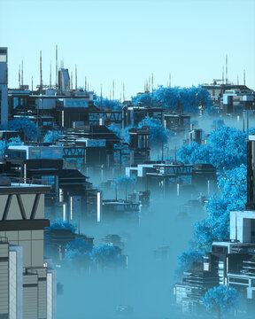 Aerial View Futuristic City Reclaimed by Blue Forest