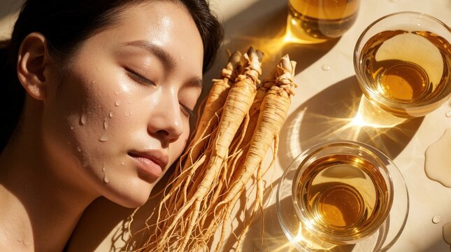 Beautiful Asian woman with glowing skin lies near ginseng roots, herbal tea. Close up face shows radiant complexion, liquid drops. Natural wellness concept with organic botanical ingredients for