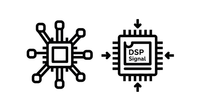 Digital signal processing and processor connectivity line icons with technology icon electronic component data processing central processor