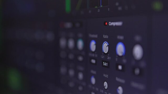 Close-up of rotating audio plugin knob with glowing LED indicators in dark mixing studio