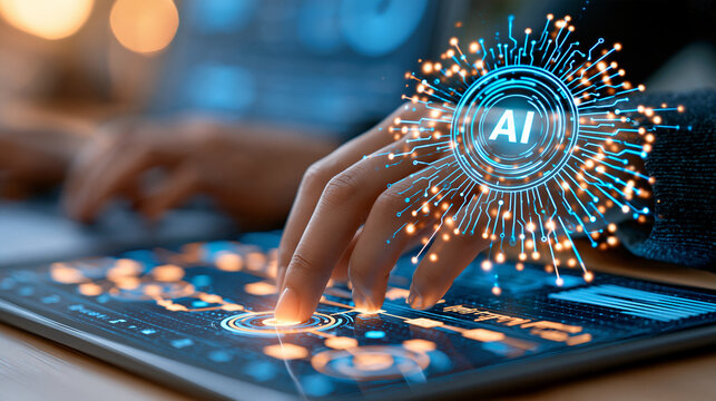 Glowing AI agent workflow automation icon displayed on a digital business desk interface, smart agentic intelligence concept, futuristic tech photography, defocused dashboard