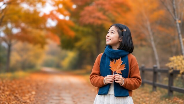 Happy Asian girl holding maple leaf in autumn park. Cute child enjoying fall season outdoors