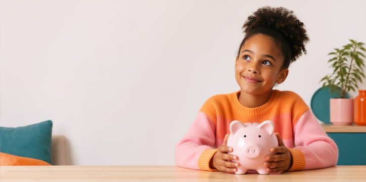 Thoughtful Black girl holding piggy bank at table. Young child saving money concept. Copy space