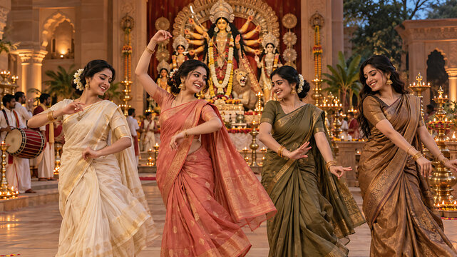 Joyful woman dancing with companions in traditional sarees before goddess idol during durga puja navratri and diwali celebrations inside decorated festive pavilion