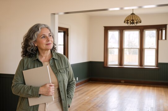 Mature woman holding a folder in an empty house. Confident female real estate agent or new homeowner standing in unfurnished room. Property inspection and moving concept