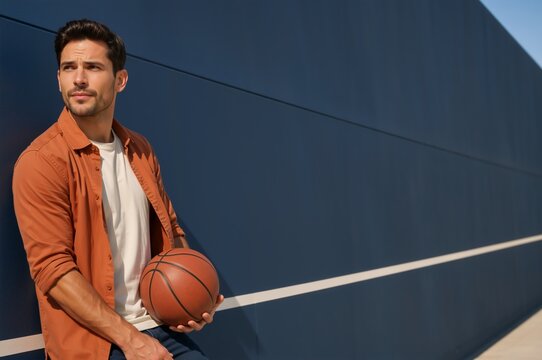 Athletic young man holding a basketball against a modern blue wall. Confident male basketball player outdoors. Sports and fitness lifestyle concept