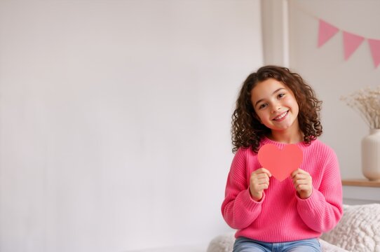 Smiling young girl holding a red paper heart. Cute child with curly hair in pink sweater indoors. Valentine day and love concept. Copy space