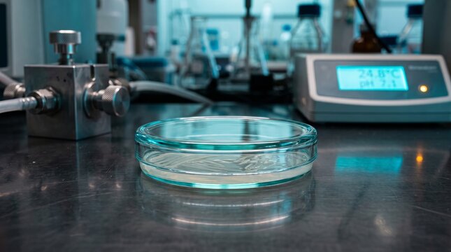 Empty petri dish on a laboratory counter during a medical research experiment with laboratory equipment science experiment glass dish scientific research clinical testing scientific tool