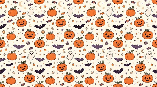 Seamless Halloween pattern with cute pumpkins ghosts and bats on a light background