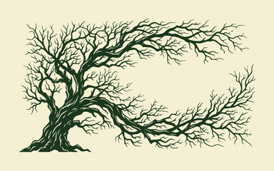 Fototapeta premium Dead tree with gnarly tangled leafless branches in spooky silhouette style