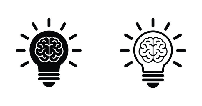 Creative intelligence and idea icon set with brain inside light bulb in three styles for innovation, thinking, creativity, and inspiration