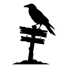 Obraz premium Crow sitting on old wooden signpost in spooky silhouette style