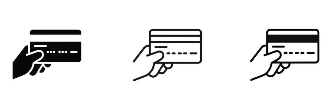 Credit card payment icon set with hand holding bank card for shopping, finance, online transactions, banking, and digital commerce