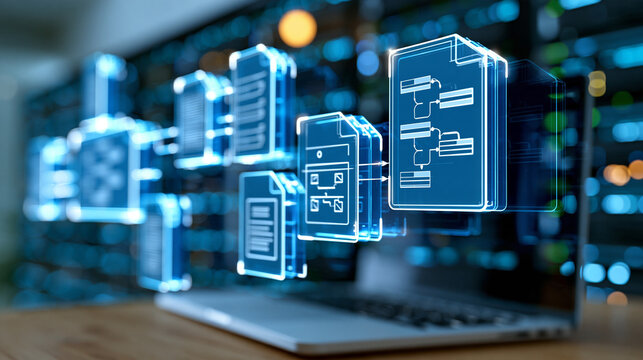 Business workflow automation system displayed alongside a flowchart and document management framework icons, enterprise content management concept, clean digital rendering,