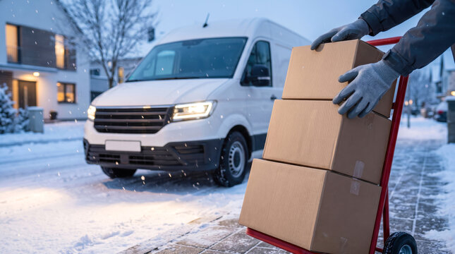 A person is moving boxes on a dolly in a snowy neighborhood. A delivery van is parked nearby. Snow covers the ground and trees as it is winter