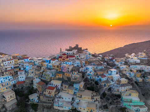 Olympos, Picturesque Traditional Village on a Mountain slope at sunset,  Karpathos, Dodecanese Island, Greece