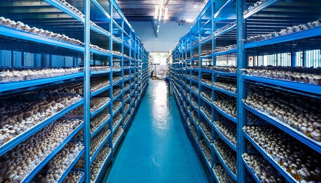 rows of cultivated mushrooms growing densely on blue metal shelving units inside a controlled agricultural facility