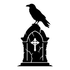 Fototapeta premium Raven perched on a cracked tombstone in a cemetery silhouette style