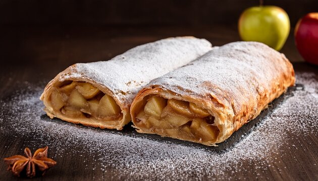 strudel with juicy apple filling sprinkled with powdered sugar