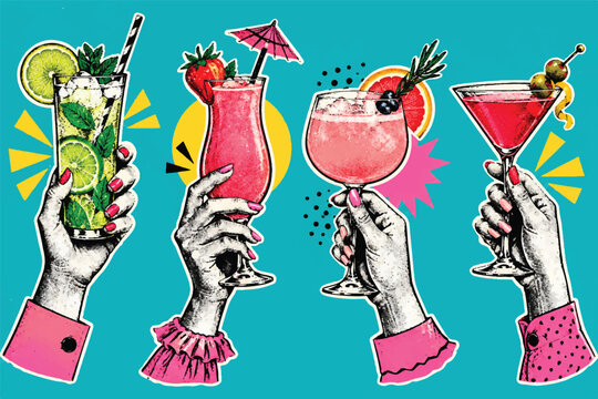 Retro Pop Art Cocktail Hands with Colorful Drinks, Vintage Halftone Vector Illustration
