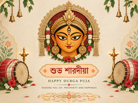 Durga puja greeting card depicting divine woman face with traditional drums and brass lamps on cream background for navratri and diwali themes