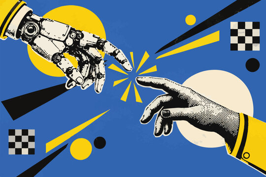 Human AI Connection Robotic and Human Hands Retro Pop Art Vector Illustration