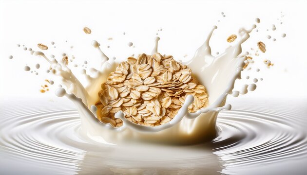 oat flakes splashing into milk or yogurt wave isolated on white background