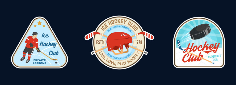 Vintage Ice Hockey Sticker Collection Featuring Hockey Player, Red Hockey Goalie Mask and Hockey Puck Designs, Retro Club Badges, Winter Sports Emblems and Classic Athletic Graphics