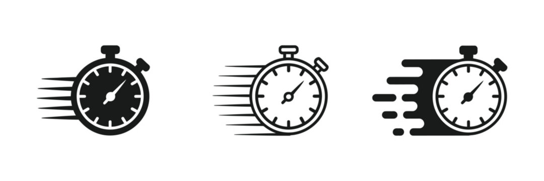 Fast Response and Speed Timer Icon Set for time management, stopwatch, quick action, efficiency, productivity, deadlines, and performance