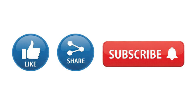 Like, share, and subscribe buttons isolated on transparent background