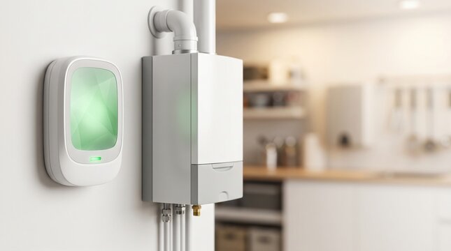 White gas leak detector with green indicator mounted on wall next to gas boiler in kitchen. Gas safety, leak detection and home protection concept